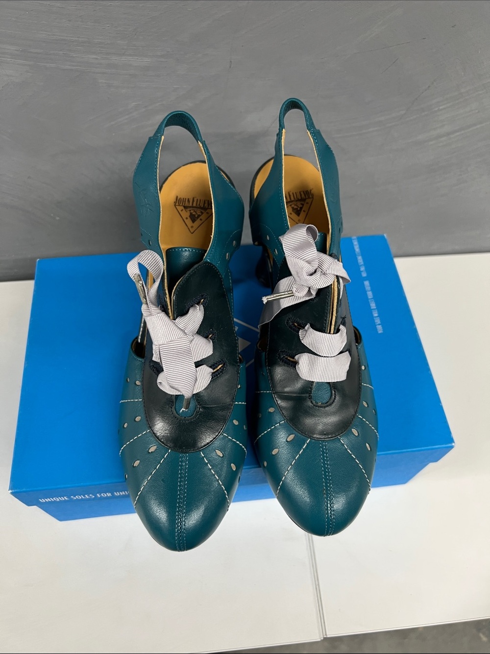 John Fluevog Teal and Black Slingback Heels with Ribbon Tie - Picture 2 of 8